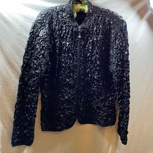 MSK Petite dressy black ruched and sequinned full zip jacket